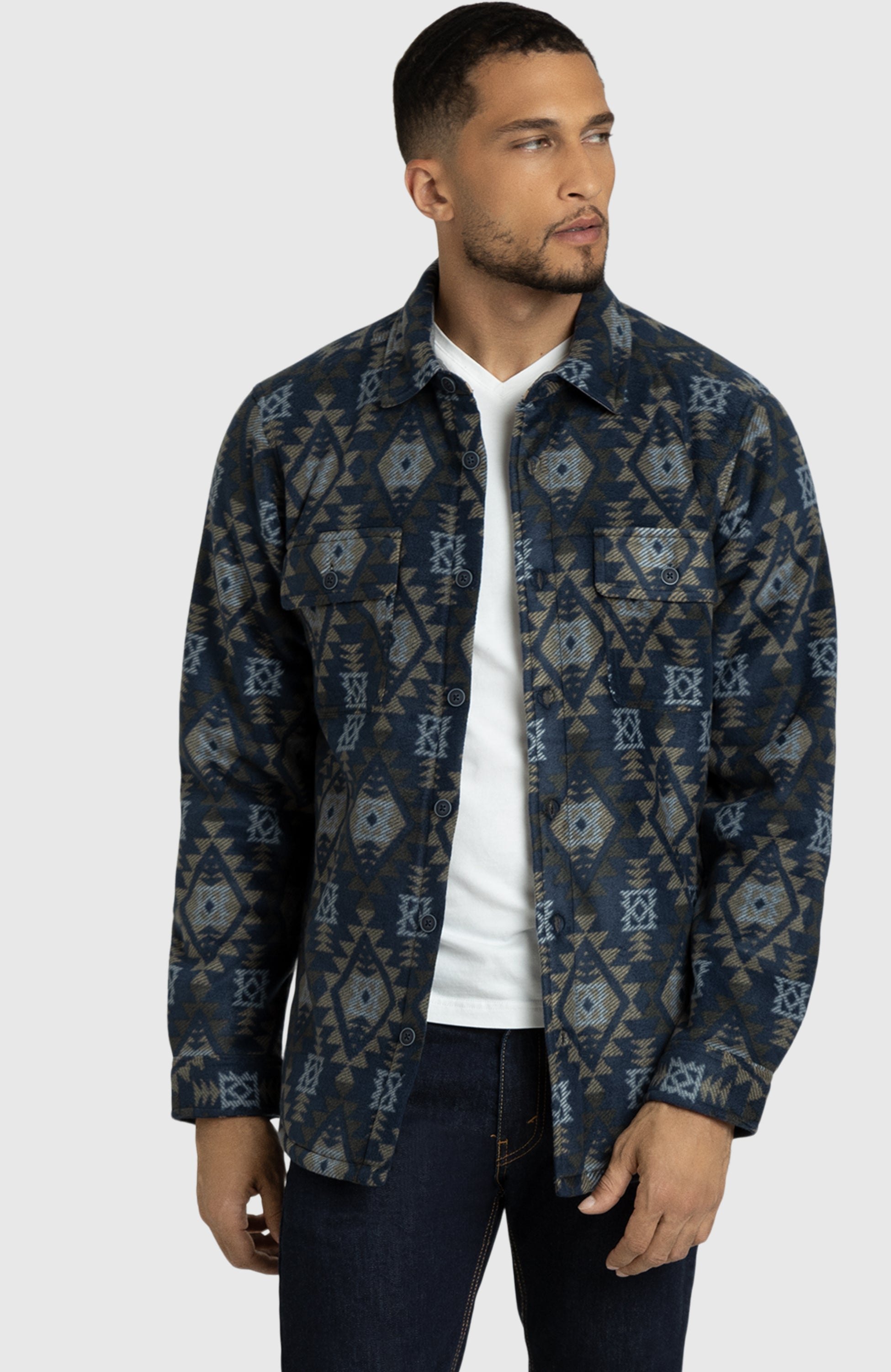 Navy Aztec Polar Fleece Shirt Jacket