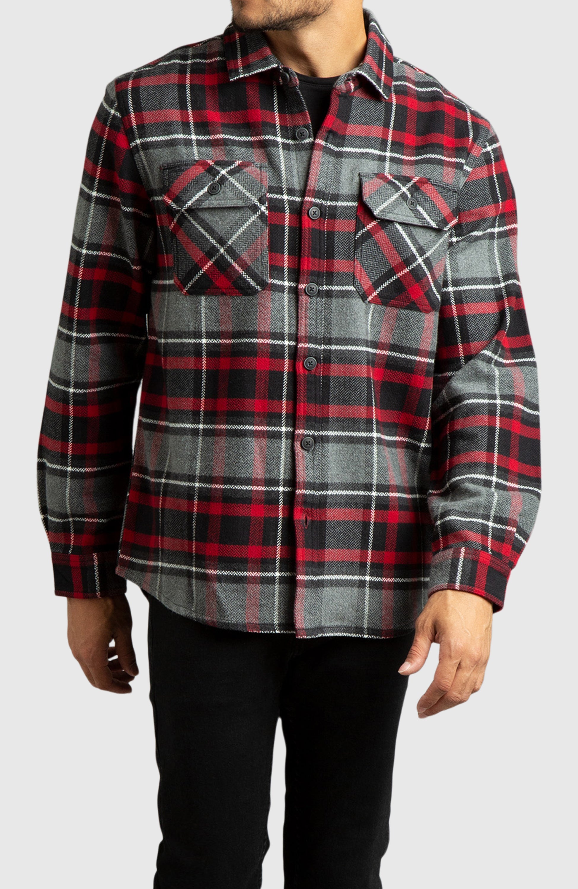 Red Herringbone Plaid Overshirt