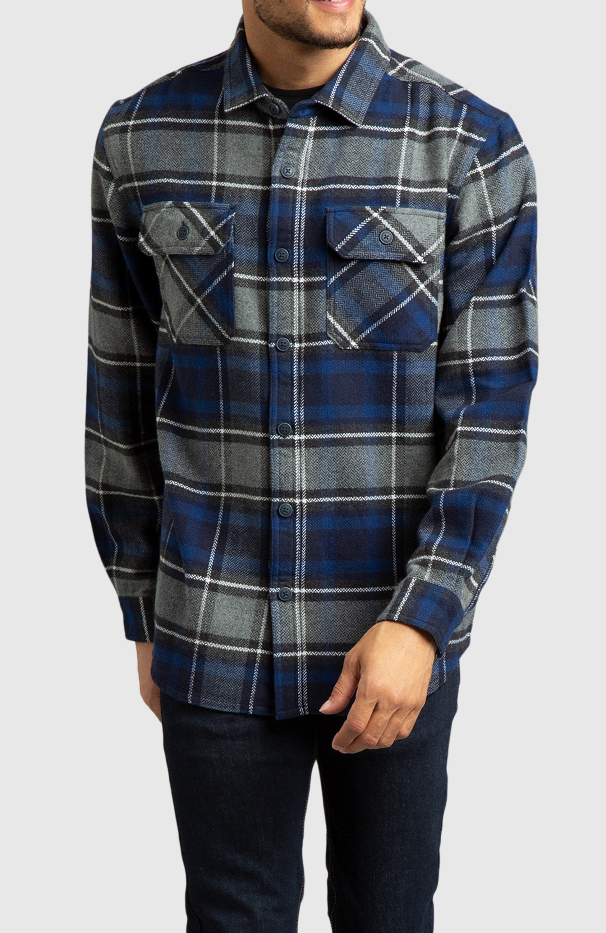 Blue Herringbone Plaid Overshirt